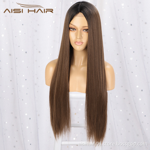 Aisi Hair 26 Inch Long Silky Straight Swiss Lace Wig Wholesale Middle Part Ombre Brown Synthetic Hair Wigs For Black Women